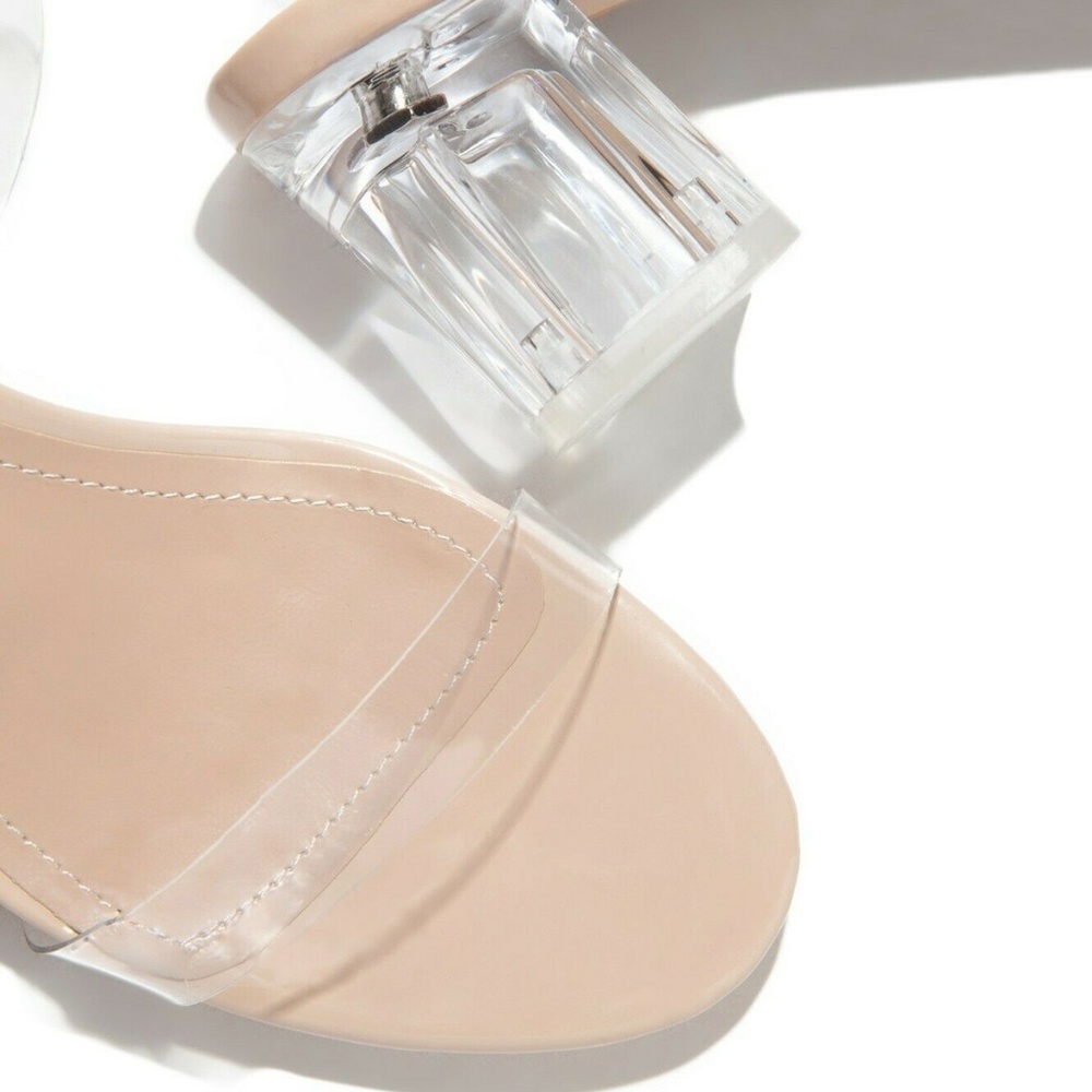 NEW🔥 Transparent Clear Nude Open Toe Lucite Low Block Heel Sandals Ankle Strap - Picture 8 of 8